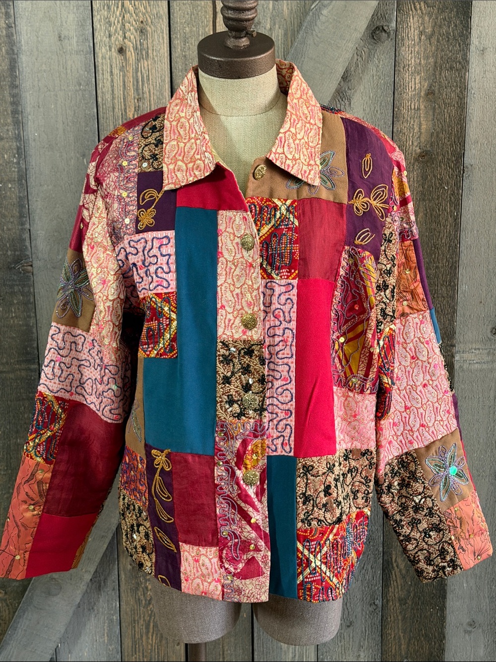Draper’s & Damon’s Patchwork Embroidered Sequin Boho Art Jacket Metallic Large